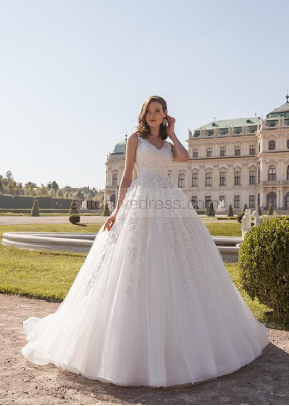 Beaded Ivory Floral Lace Tulle Modern Wedding Dress